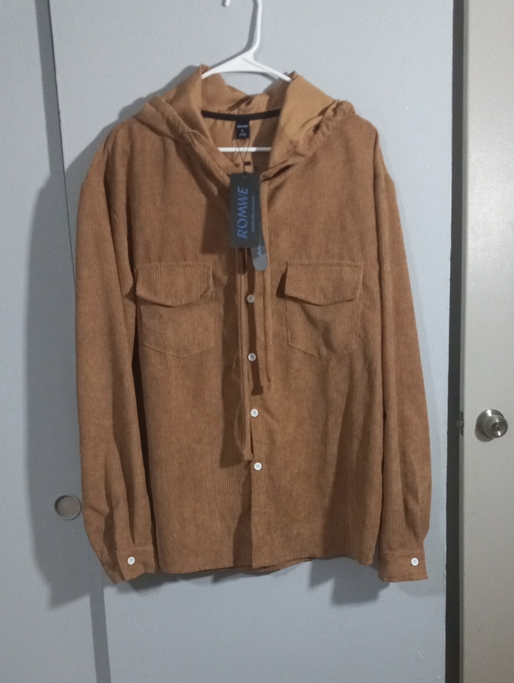 ROMWE Men’s Hooded Corduroy Shirt Jacket in Tan Brown Size L NWT